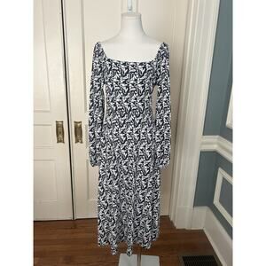 Boden Floral Stretch Midi Dress Womens Size 6 Blue White Classic Preppy Comfort